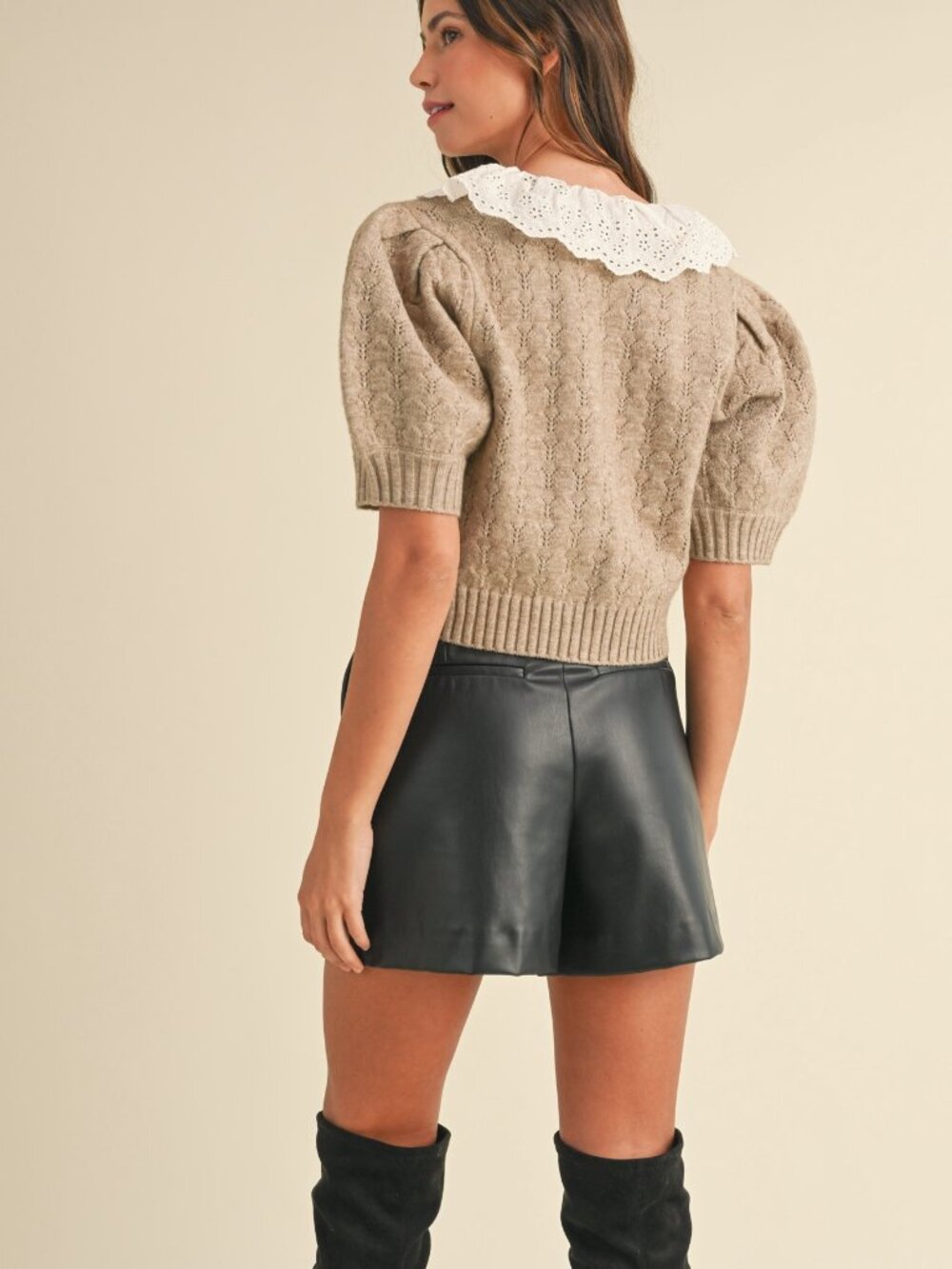 NWT Mable Eloise Crochet Collar Cardigan Light Mocha M